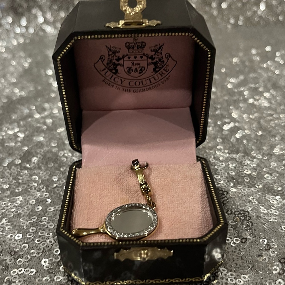 RARE VINTAGE Juicy Couture Gold and Pink Velvet Jewelry Box with Mirror Charm